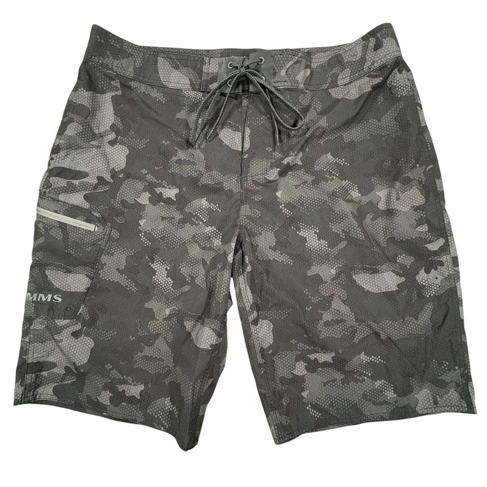 Simms Board Shorts Mens 36 Grey Camo Drawstring Fishing Cargo Swim Trunks